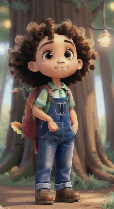  {The tree shining brightly and releasing a gentle, magical light., Riley, a curious with big brown eyes and curly hair, wearing overalls and carrying a small backpack. Their friend, Skye, a bluebird with shiny feathers.