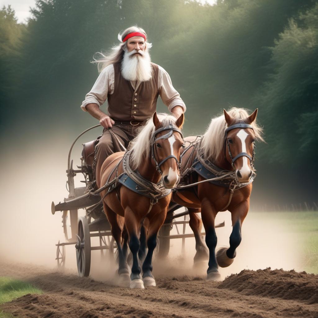  fairy tale athletic man 60 year with a long beard and hair headband in a canvas shirt plowing the ground with a plow horse in harness, photographic quality, 8K, . magical, fantastical, enchanting, storybook style, highly detailed