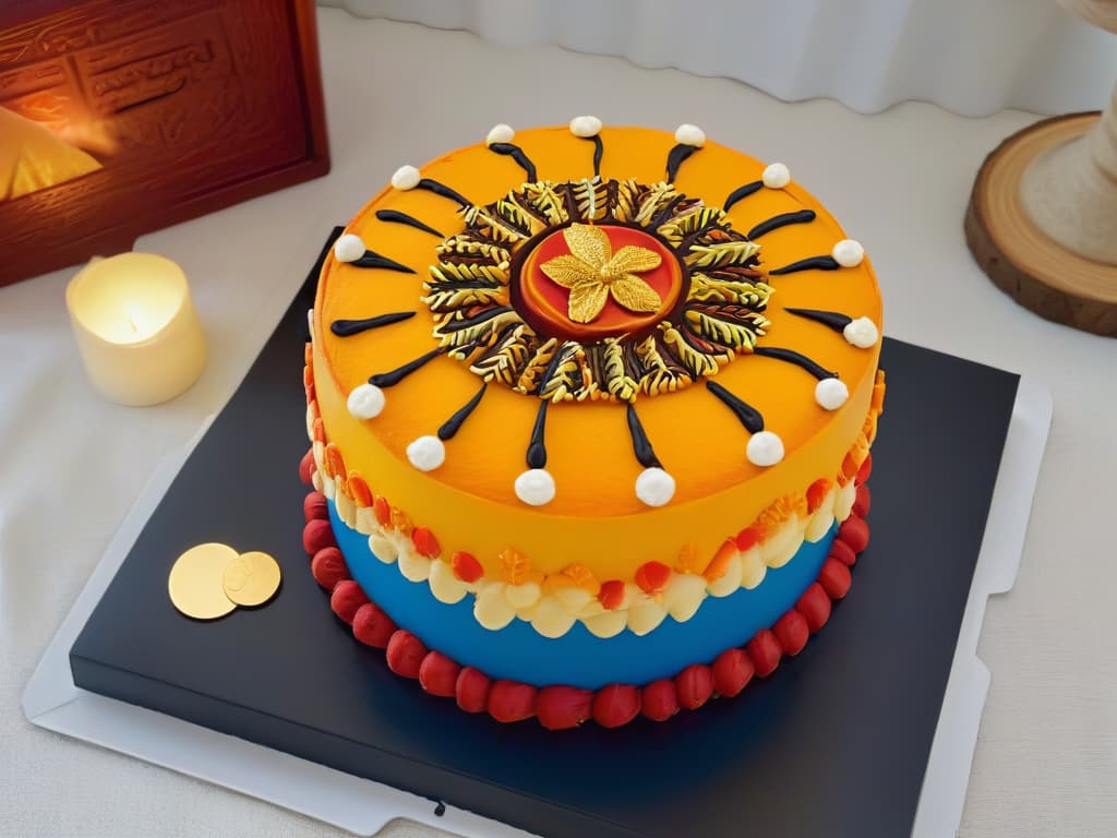  A photorealistic closeup image of a vibrant, intricately decorated Africaninspired baobab fruitshaped cake, adorned with exotic flavors and colorful patterns. The cake should be beautifully textured, showcasing intricate details like handpainted tribal designs, edible gold leaf accents, and a glossy finish that makes it appear almost lifelike. The colors should be rich and bold, capturing the essence of African cuisine and culture in a visually striking way. hyperrealistic, full body, detailed clothing, highly detailed, cinematic lighting, stunningly beautiful, intricate, sharp focus, f/1. 8, 85mm, (centered image composition), (professionally color graded), ((bright soft diffused light)), volumetric fog, trending on instagram, trending on tumblr, HDR 4K, 8K