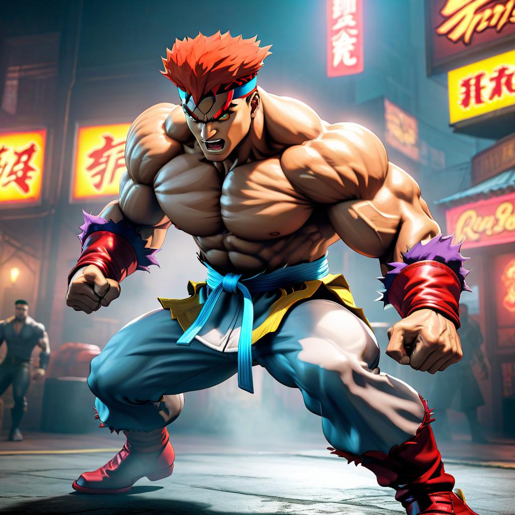  Street Fighter style A man turns into a monster like in a comic. . vibrant, dynamic, arcade, 2D fighting game, highly detailed, reminiscent of Street Fighter series hyperrealistic, full body, detailed clothing, highly detailed, cinematic lighting, stunningly beautiful, intricate, sharp focus, f/1. 8, 85mm, (centered image composition), (professionally color graded), ((bright soft diffused light)), volumetric fog, trending on instagram, trending on tumblr, HDR 4K, 8K