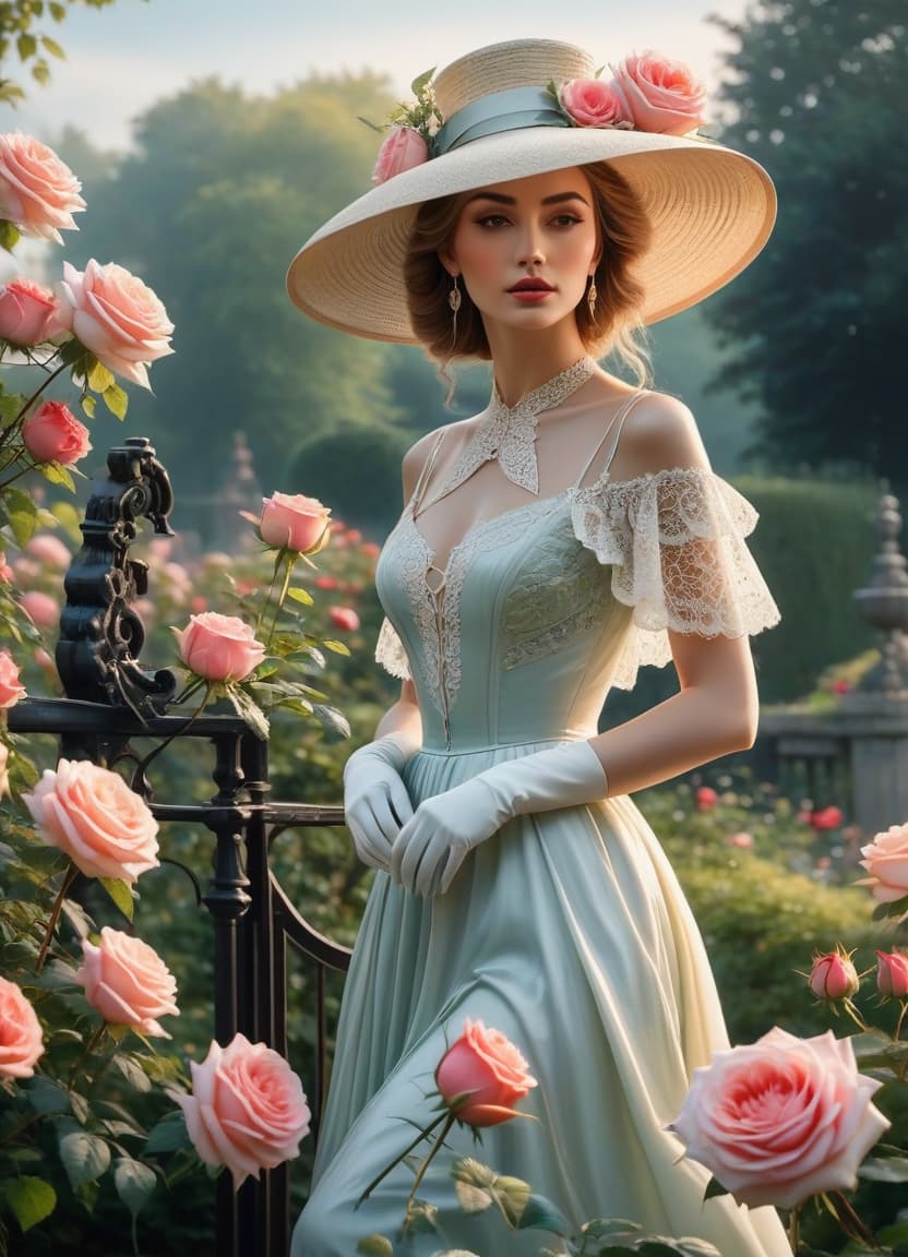  constructivist style Delicate English watercolour in pastel tones, on the background of English garden flowers powder roses in dew, among roses stands a lovely in a straw hat decorated with flowers and in a lush dress with lace, openwork wrought iron fence, octane, dew glistens and shimmers in the sun lumen, in the distance marble statue, aesthetic flowers,art botanical, organic biological,realistic . geometric shapes, bold colors, dynamic composition, propaganda art style hyperrealistic, full body, detailed clothing, highly detailed, cinematic lighting, stunningly beautiful, intricate, sharp focus, f/1. 8, 85mm, (centered image composition), (professionally color graded), ((bright soft diffused light)), volumetric fog, trending on instagram, trending on tumblr, HDR 4K, 8K