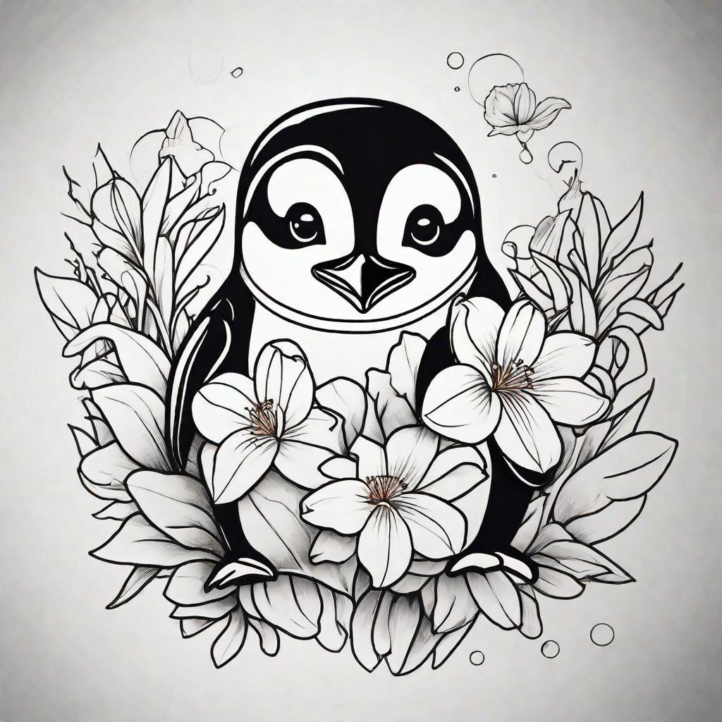  masterpiece, best quality, Simplistic line art tattoo of a small, cute and adorable penguin outline holding a beautiful yet simple lily flower