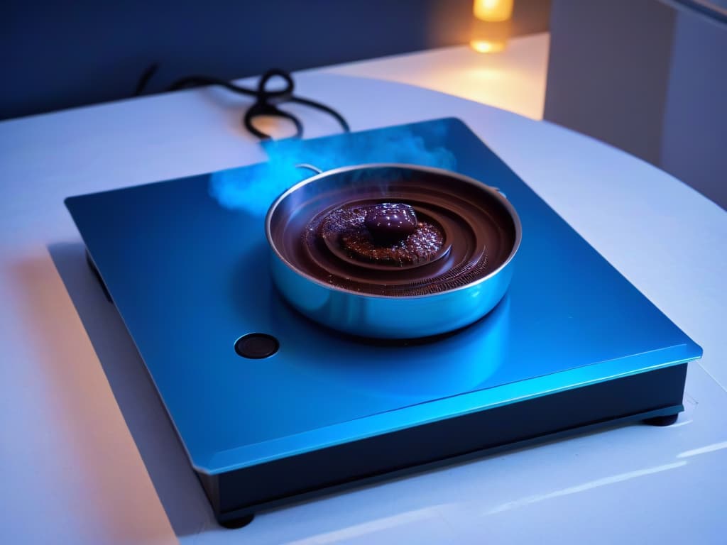  An ultradetailed closeup image of a sleek, modern induction cooktop with a pot of melting chocolate resting on it. The cooktop is turned on, emitting a soft blue light, while the chocolate glistens as it slowly melts, capturing the essence of precision and innovation in pastry making. hyperrealistic, full body, detailed clothing, highly detailed, cinematic lighting, stunningly beautiful, intricate, sharp focus, f/1. 8, 85mm, (centered image composition), (professionally color graded), ((bright soft diffused light)), volumetric fog, trending on instagram, trending on tumblr, HDR 4K, 8K