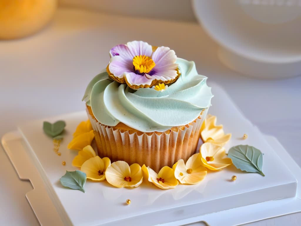  An ultradetailed closeup image of a beautifully decorated cupcake showcasing intricate frosting swirls in pastel colors, topped with delicate edible flowers and shimmering gold leaf accents. The cupcake sits on a sleek, modern white plate against a softfocus background of a stylish bakery setting, with subtle lighting enhancing the textures and details of the dessert. hyperrealistic, full body, detailed clothing, highly detailed, cinematic lighting, stunningly beautiful, intricate, sharp focus, f/1. 8, 85mm, (centered image composition), (professionally color graded), ((bright soft diffused light)), volumetric fog, trending on instagram, trending on tumblr, HDR 4K, 8K