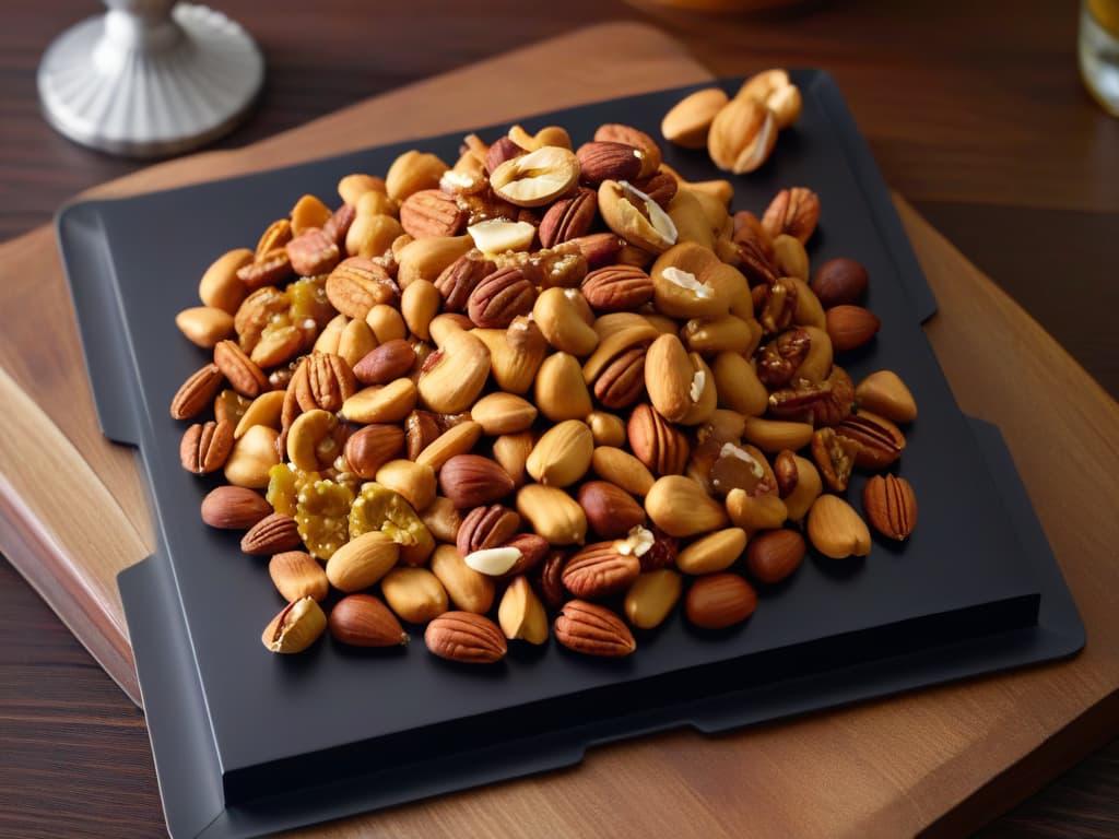  An ultradetailed image of a variety of caramelized nuts such as almonds, pecans, and walnuts, glistening with a shiny caramel coating. Each nut is perfectly coated, showcasing a range of golden hues and textures. The nuts are artfully arranged on a sleek, modern, black plate, with subtle lighting that highlights the glossy finish of the caramelized coating. This minimalist image captures the essence of elevated caramelized nuts, inviting the viewer to savor the rich flavors and textures. hyperrealistic, full body, detailed clothing, highly detailed, cinematic lighting, stunningly beautiful, intricate, sharp focus, f/1. 8, 85mm, (centered image composition), (professionally color graded), ((bright soft diffused light)), volumetric fog, trending on instagram, trending on tumblr, HDR 4K, 8K