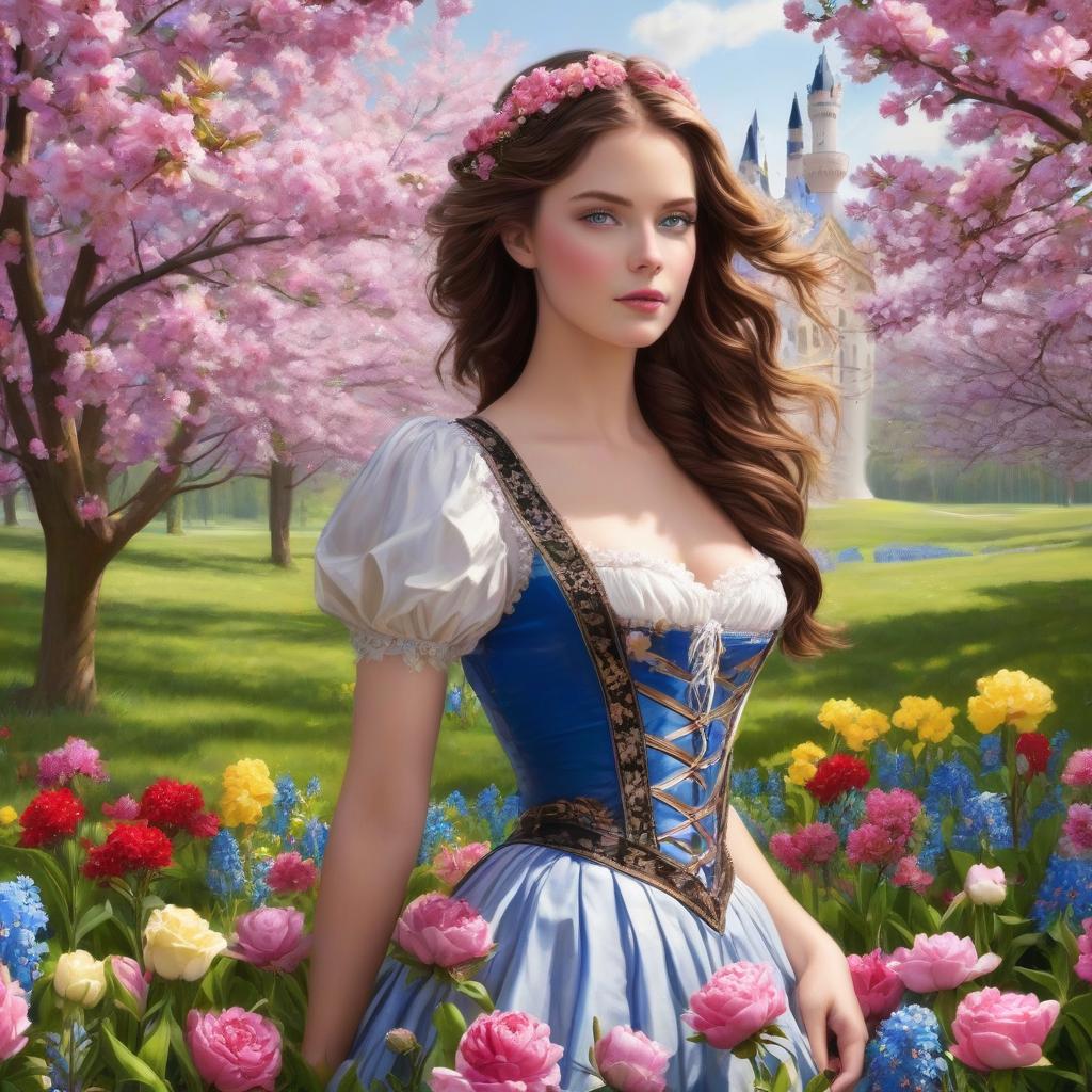  Neuschwanstein. A very pretty girlBrown hair, blue eyes. ((Sparkling rim)): spring field, hyacinths, roses, rosehips, rose hips, peonies, cherry tree, yellow, red, black flowers, forget me nots. hyperrealistic, full body, detailed clothing, highly detailed, cinematic lighting, stunningly beautiful, intricate, sharp focus, f/1. 8, 85mm, (centered image composition), (professionally color graded), ((bright soft diffused light)), volumetric fog, trending on instagram, trending on tumblr, HDR 4K, 8K