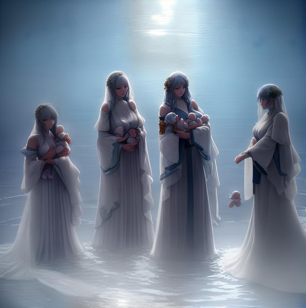  four women stand on the ground in the ocean in line and hold infants in their arms, view from the top, phoro ultra hd, faces to the camera hyperrealistic, full body, detailed clothing, highly detailed, cinematic lighting, stunningly beautiful, intricate, sharp focus, f/1. 8, 85mm, (centered image composition), (professionally color graded), ((bright soft diffused light)), volumetric fog, trending on instagram, trending on tumblr, HDR 4K, 8K