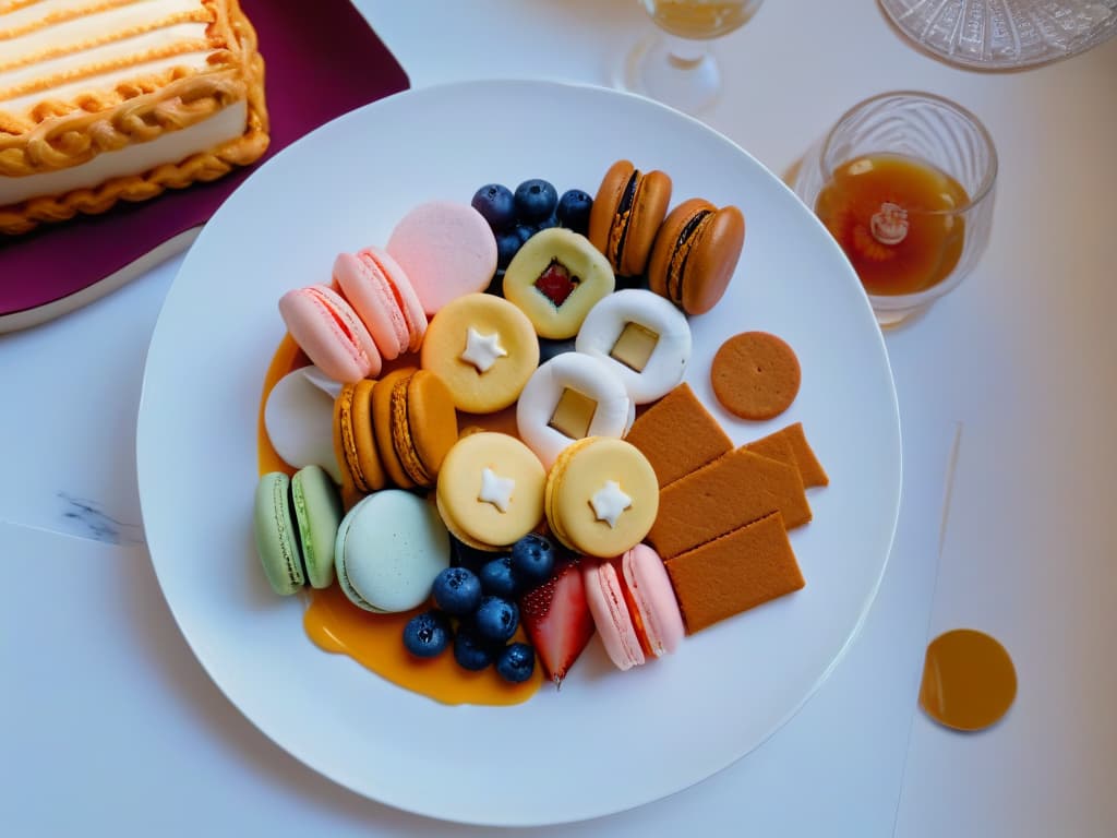  An 8k ultradetailed image of a sleek, modern dessert platter blending traditional Eastern and Western pastries. The platter features delicate French macarons alongside Japanese matchainfused cakes, all presented on a simple, elegant white ceramic dish. The pastries are beautifully arranged, showcasing a harmonious fusion of flavors and cultures in a minimalist and sophisticated setting. Each dessert is meticulously crafted, with vibrant colors and intricate details that highlight the unique combination of Eastern and Western culinary traditions. hyperrealistic, full body, detailed clothing, highly detailed, cinematic lighting, stunningly beautiful, intricate, sharp focus, f/1. 8, 85mm, (centered image composition), (professionally color graded), ((bright soft diffused light)), volumetric fog, trending on instagram, trending on tumblr, HDR 4K, 8K