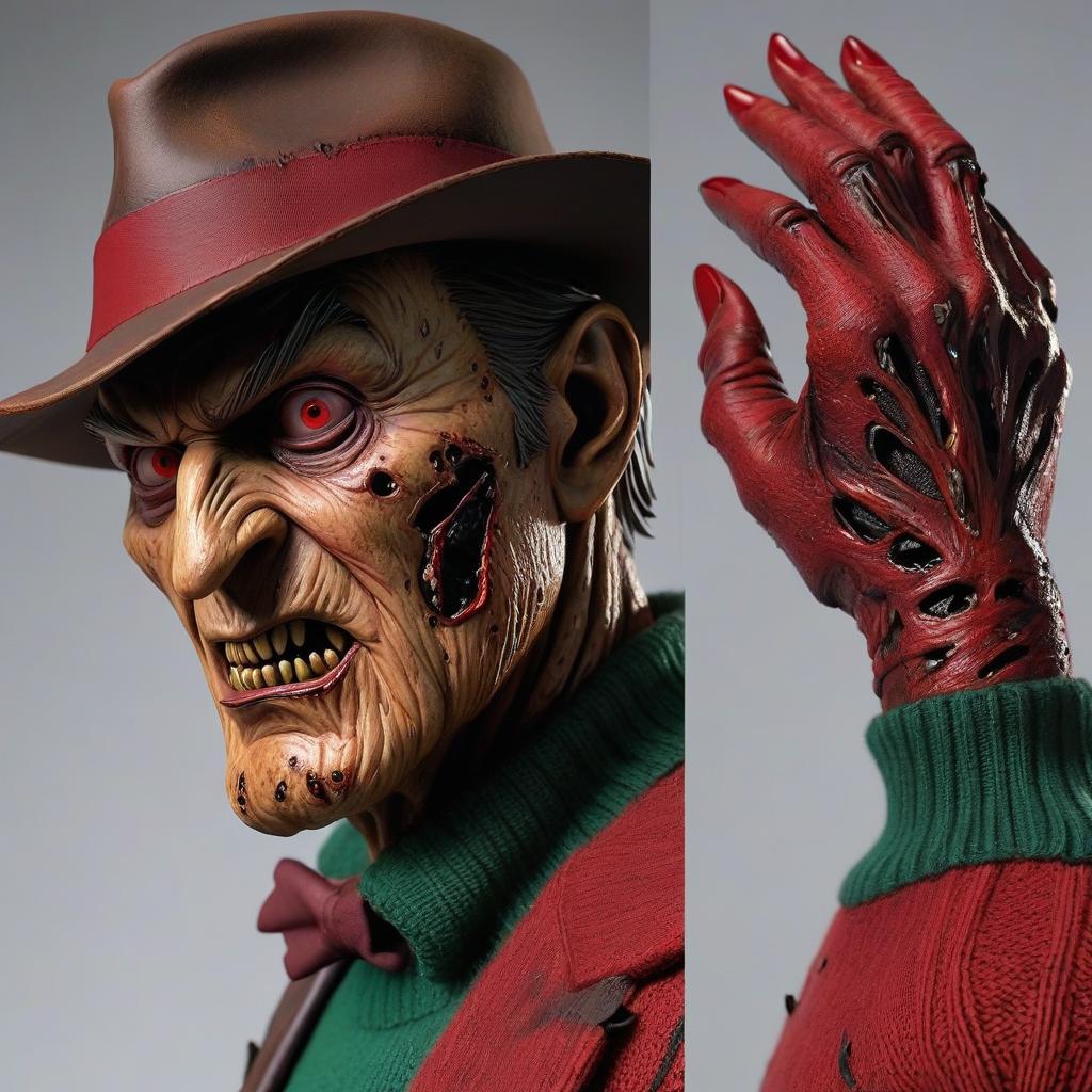  hyperrealistic art Freddy Krueger is a sinister character from the "A Nightmare on Elm Street" horror movie series. He is depicted as a man with a severely burned face, wearing a fedora and a tattered red green sweater. He also wears his signature fingerless glove, covered in blades, which he uses to murder his victims. . extremely high resolution details, photographic, realism pushed to extreme, fine texture, incredibly lifelike hyperrealistic, full body, detailed clothing, highly detailed, cinematic lighting, stunningly beautiful, intricate, sharp focus, f/1. 8, 85mm, (centered image composition), (professionally color graded), ((bright soft diffused light)), volumetric fog, trending on instagram, trending on tumblr, HDR 4K, 8K