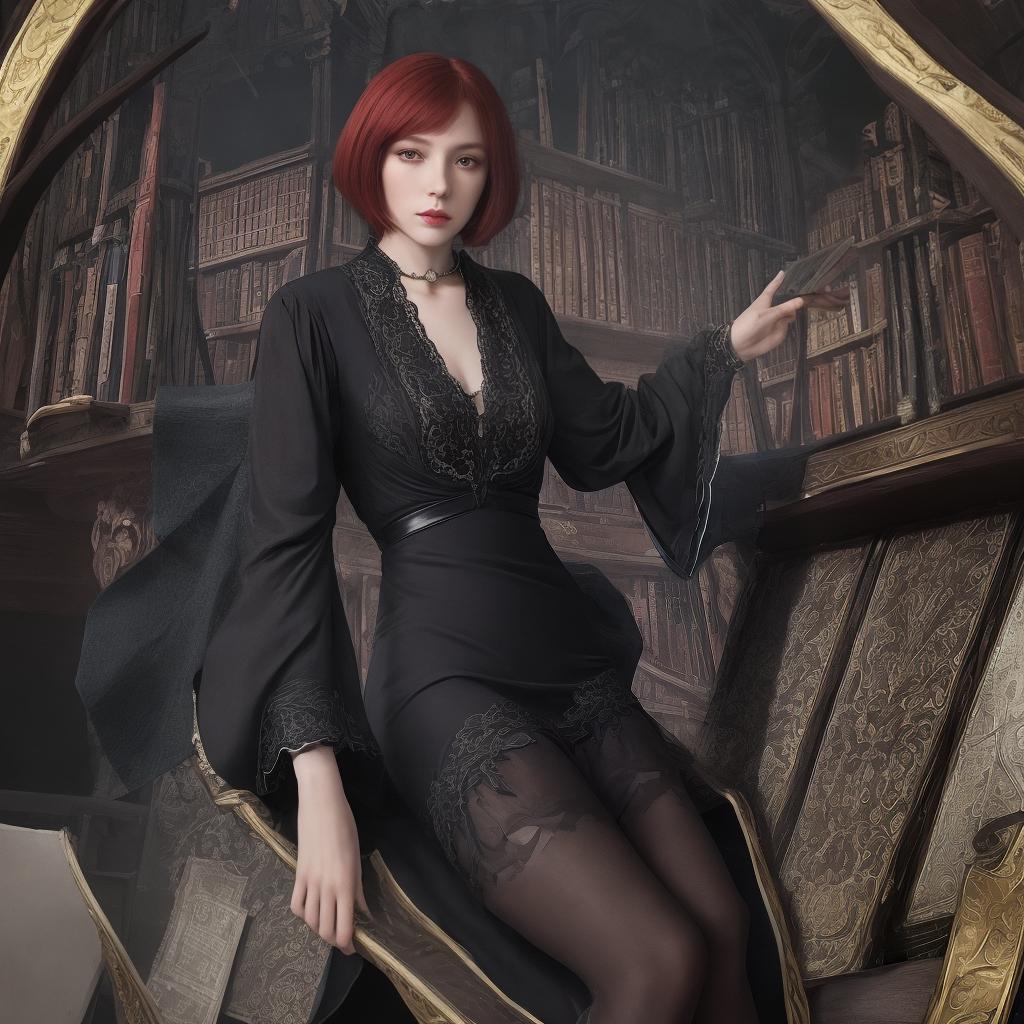  masterpiece, best quality, female, solo, witch, library, evening, pensive expression, black dress, redhead, bob cut hair, full body view, tarot reading, high quality