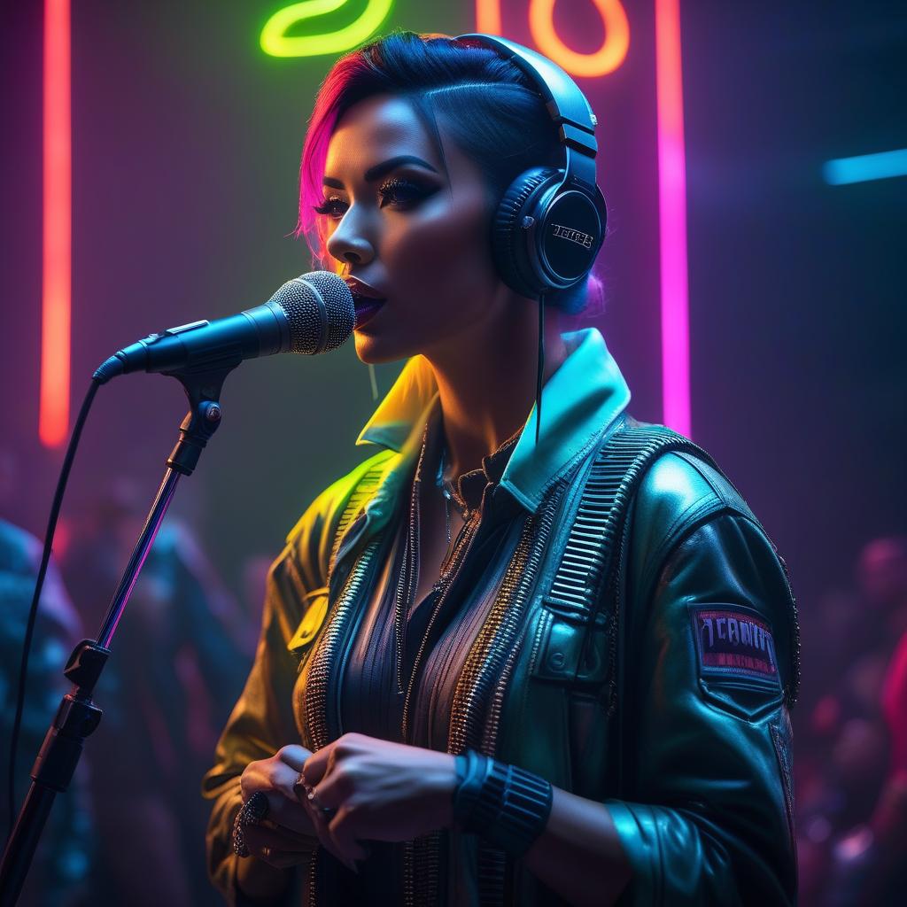  The microphone is neon hyperrealistic, full body, detailed clothing, highly detailed, cinematic lighting, stunningly beautiful, intricate, sharp focus, f/1. 8, 85mm, (centered image composition), (professionally color graded), ((bright soft diffused light)), volumetric fog, trending on instagram, trending on tumblr, HDR 4K, 8K