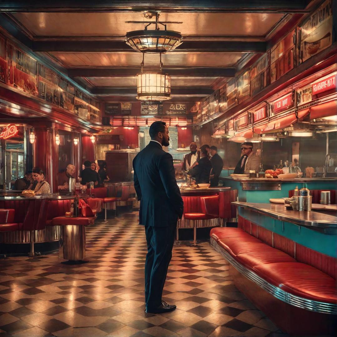  diner hyperrealistic, full body, detailed clothing, highly detailed, cinematic lighting, stunningly beautiful, intricate, sharp focus, f/1. 8, 85mm, (centered image composition), (professionally color graded), ((bright soft diffused light)), volumetric fog, trending on instagram, trending on tumblr, HDR 4K, 8K