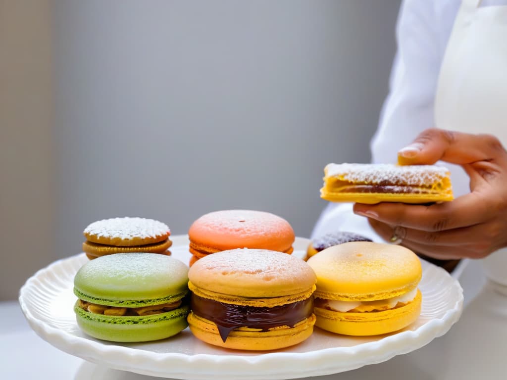  An ultradetailed image of two hands, one holding a delicate French macaron and the other a traditional Turkish baklava, presented on a simple, elegant white porcelain plate. The contrasting textures and colors of the desserts symbolize the diverse origins and flavors that come together to create a beautiful connection, reflecting the theme of desserts bridging distances and cultures. The lighting is soft, highlighting the intricate details of the desserts, making the viewer almost able to taste the sweetness and feel the cultural richness emanating from the image. hyperrealistic, full body, detailed clothing, highly detailed, cinematic lighting, stunningly beautiful, intricate, sharp focus, f/1. 8, 85mm, (centered image composition), (professionally color graded), ((bright soft diffused light)), volumetric fog, trending on instagram, trending on tumblr, HDR 4K, 8K