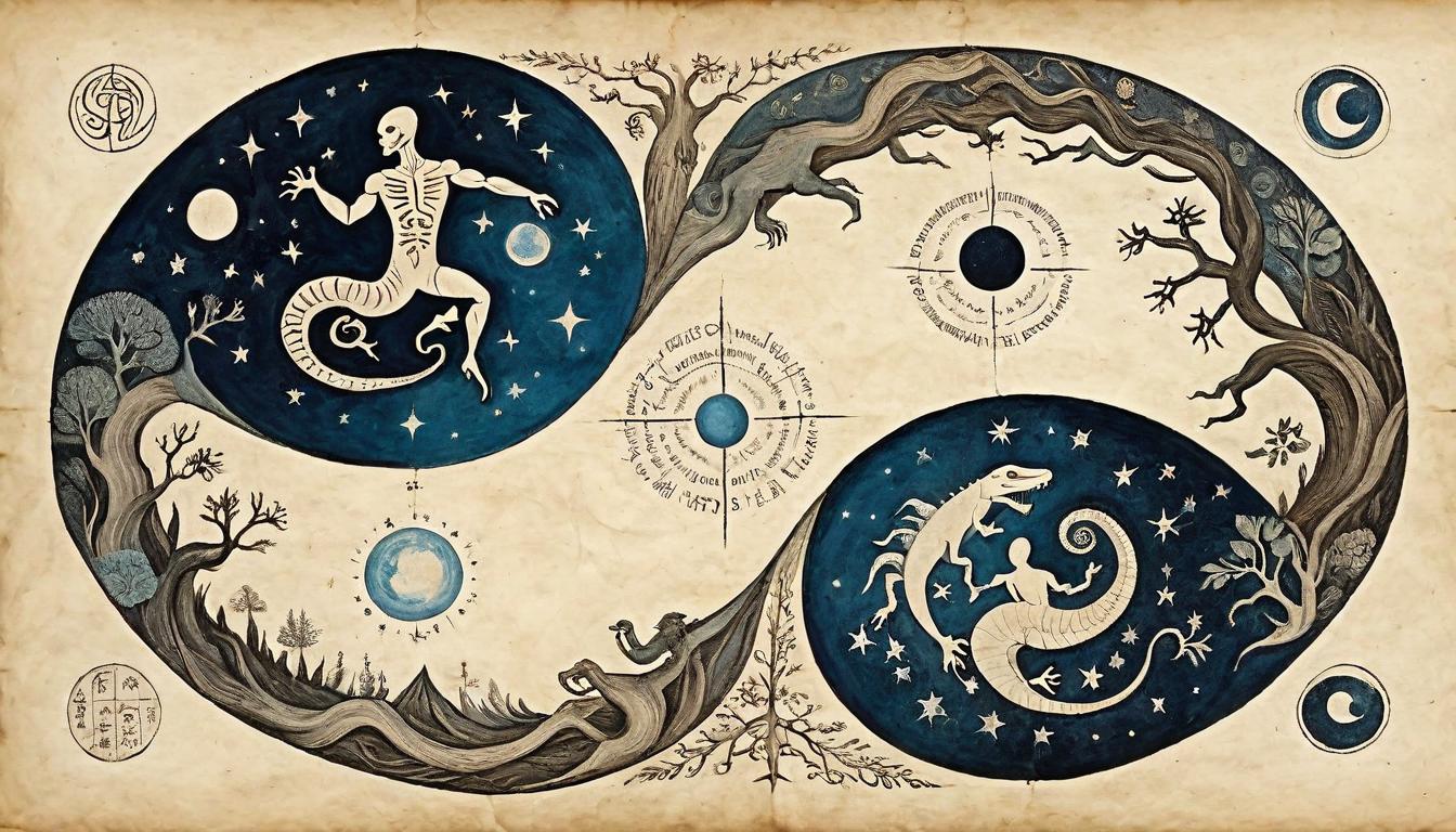  on parchment, surrealism+++, Human and reptilian figures in a yin yang formation, human figure reaching upwards to stars, reptilian figure grounded with roots penetrating earth, balanced, harmonious, celestial and terrestrial(mysterious, provocative, symbolic,muted color)+++