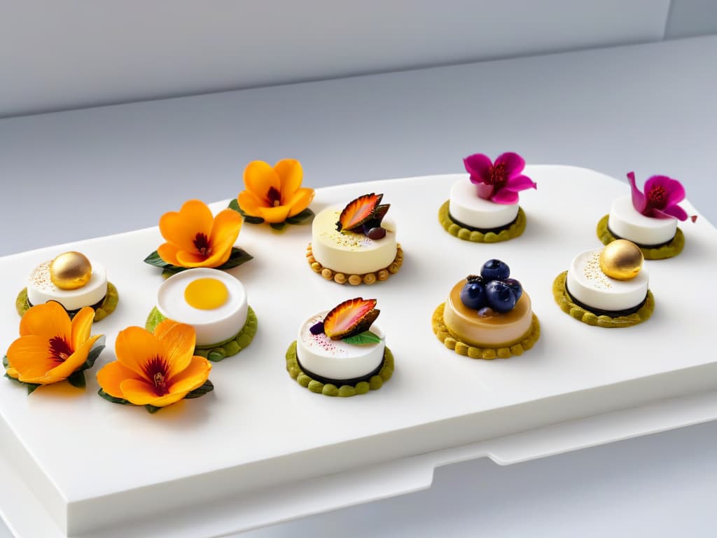  A closeup, ultradetailed image of a vibrant and diverse array of miniature desserts beautifully arranged on a sleek, modern white platter. Each dessert is meticulously crafted and represents a different cultural influence, showcasing a fusion of colors, textures, and flavors. The desserts range from delicate French macarons to rich Indian sweets, with intricate details like edible flowers and gold leaf accents adding a touch of elegance. The image captures the essence of cultural diversity and culinary artistry in a visually stunning and minimalistic composition. hyperrealistic, full body, detailed clothing, highly detailed, cinematic lighting, stunningly beautiful, intricate, sharp focus, f/1. 8, 85mm, (centered image composition), (professionally color graded), ((bright soft diffused light)), volumetric fog, trending on instagram, trending on tumblr, HDR 4K, 8K