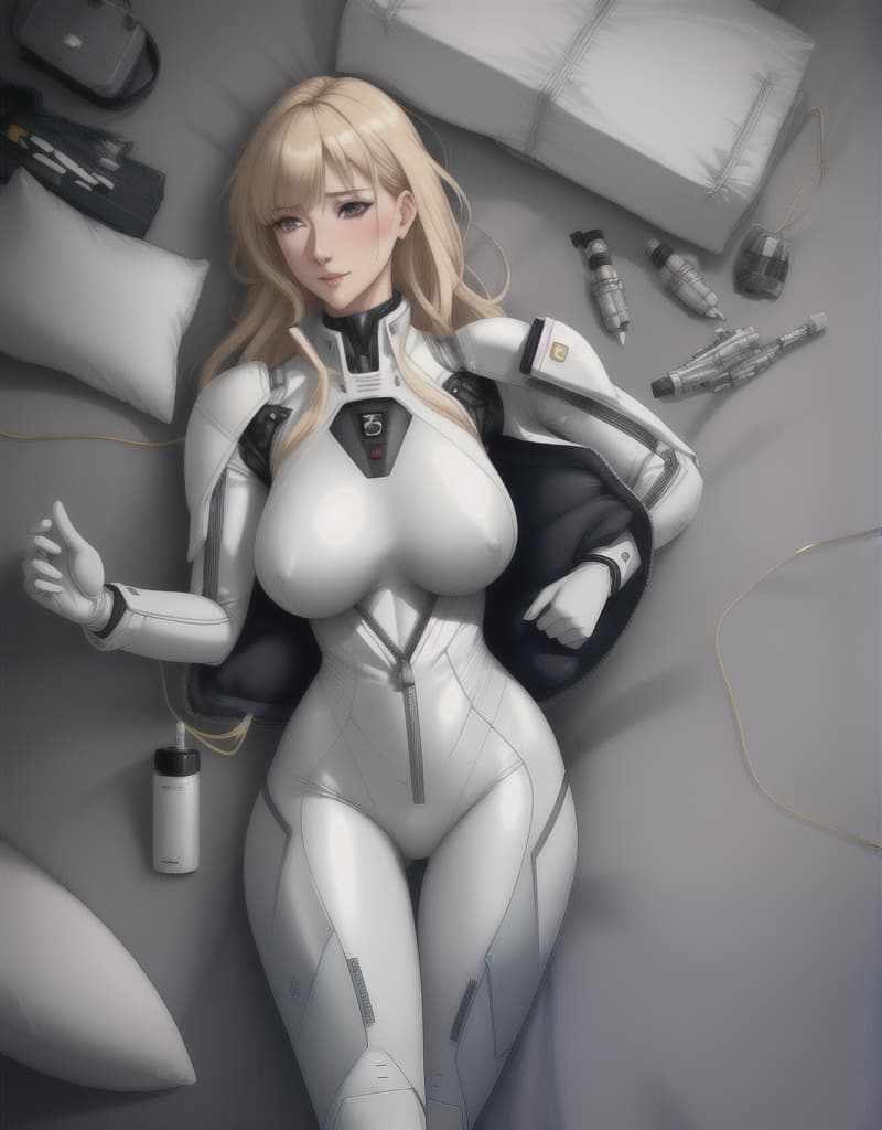  blonde adult woman in aluminium suit, adult, spacesuit, blushing, cute, lying on bed, bending forward, pure aluminium, hand-made suit, imperfect suit, cheap sci-fi, real spacesuit, old spacesuit, realistic spacesuit, oversized suit, fake suit, destroyed suit, late eighties, chest exposed, unzipped, exposed, comfortable, sexy, undressing, taking off clothes, naked, uncovered chest, naked chest, exhibitionist, no clothes, revealed boobs, young woman, skin, loose suit, chest naked, realistic tits, bare tits, photo, real hyperrealistic, full body, detailed clothing, highly detailed, cinematic lighting, stunningly beautiful, intricate, sharp focus, f/1. 8, 85mm, (centered image composition), (professionally color graded), ((bright soft diffused light)), volumetric fog, trending on instagram, trending on tumblr, HDR 4K, 8K