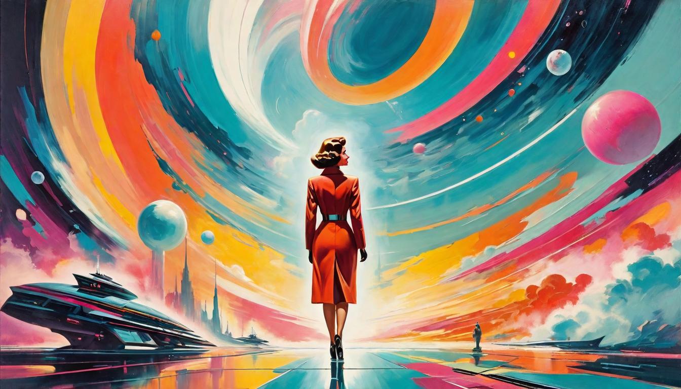  retro futuristic A person standing before a canvas, painting their desired future with broad, confident strokes. Gender neutral figure, vibrant palette, canvas of dreams. Painting vibrant visions, future unfolding, dreams taking shape. lvintage sci fi, 50s and 60s style, atomic age, vibrant, highly detailed