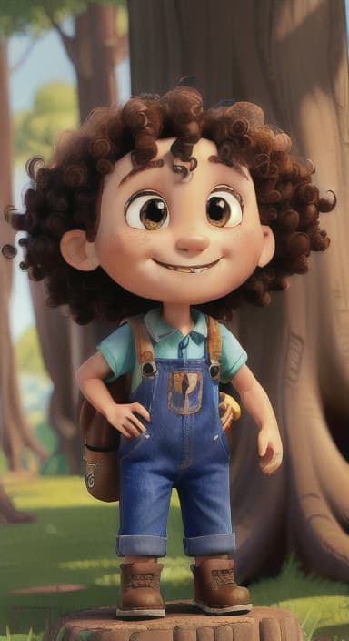  {The tree with a smiling face formed by its bark, looking down at Riley., Riley, a curious with big brown eyes and curly hair, wearing overalls and carrying a small backpack. Their friend, Skye, a bluebird with shiny feathers.