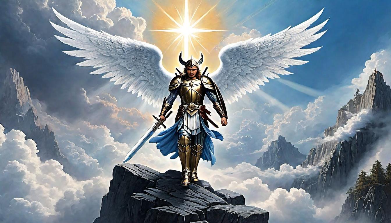  （surrealism)Archangel Michael with a triumphant, radiant aura, sword raised high, clad in gleaming armor, soaring above clouds, victorious, divine, powerful mystic, intricate details, best quality)