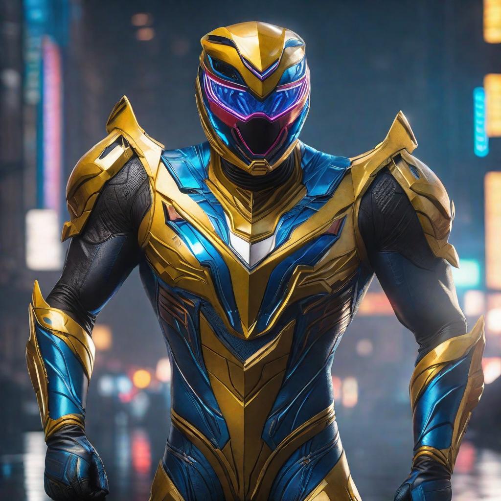  a single power ranger with technological design that its colors are mainly night black and secondary colors are redwood and earth yellow, blue color, glam, power, glowing lights intricate, elegant, highly detailed, digital painting, artstation, concept art, smooth, sharp focus, illustration, art by artgerm and greg rutkowski and fra angelico and unreal engine 5 hyperrealistic, full body, detailed clothing, highly detailed, cinematic lighting, stunningly beautiful, intricate, sharp focus, f/1. 8, 85mm, (centered image composition), (professionally color graded), ((bright soft diffused light)), volumetric fog, trending on instagram, trending on tumblr, HDR 4K, 8K