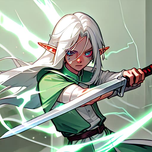  young elf, long white hair, electric swordsman, has a scar on his left eye