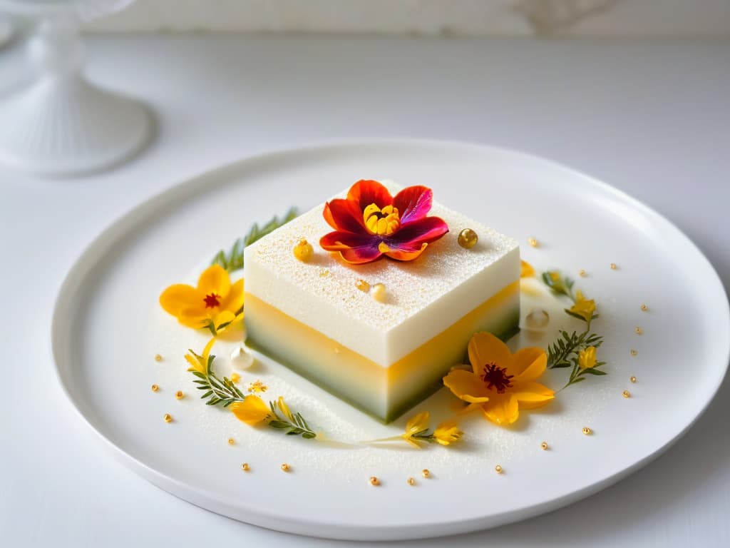  A closeup, ultradetailed image of a single, exquisite modern dessert plated on a sleek, white dish. The dessert features layers of delicate, transparent gelée, topped with a perfectly symmetrical arrangement of tiny, vibrant edible flowers and shimmering gold flakes. The background is softly blurred, enhancing the dessert's intricate details and elegant presentation. hyperrealistic, full body, detailed clothing, highly detailed, cinematic lighting, stunningly beautiful, intricate, sharp focus, f/1. 8, 85mm, (centered image composition), (professionally color graded), ((bright soft diffused light)), volumetric fog, trending on instagram, trending on tumblr, HDR 4K, 8K