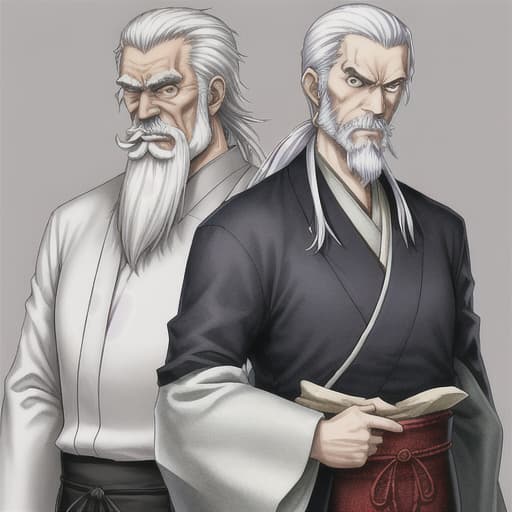  old man, Japanese outfits, serious face, long thin beard and mustache, tall and skinny, White hair