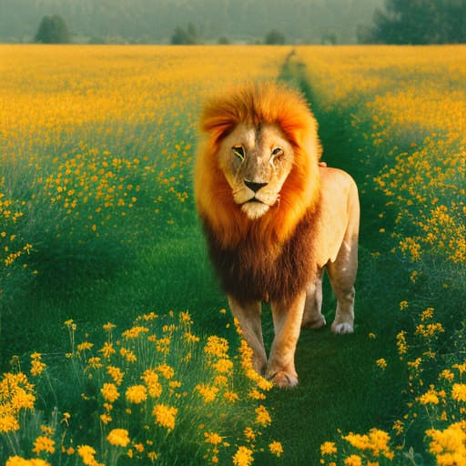 analog style A golden big nice great lion in a field of flowers with yellow eyes. High quality