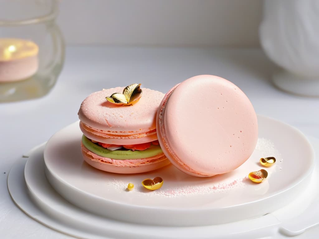  A closeup, ultradetailed image of a pastel pink Ladurée macaron delicately placed on a pristine white porcelain plate. The macaron is perfectly smooth with a glossy sheen, showcasing intricate ruffled edges and a dusting of edible gold flakes on top. The plate sits on a sleek marble countertop, with soft natural light casting subtle shadows, highlighting the elegant simplicity and luxurious allure of this iconic French pastry. hyperrealistic, full body, detailed clothing, highly detailed, cinematic lighting, stunningly beautiful, intricate, sharp focus, f/1. 8, 85mm, (centered image composition), (professionally color graded), ((bright soft diffused light)), volumetric fog, trending on instagram, trending on tumblr, HDR 4K, 8K