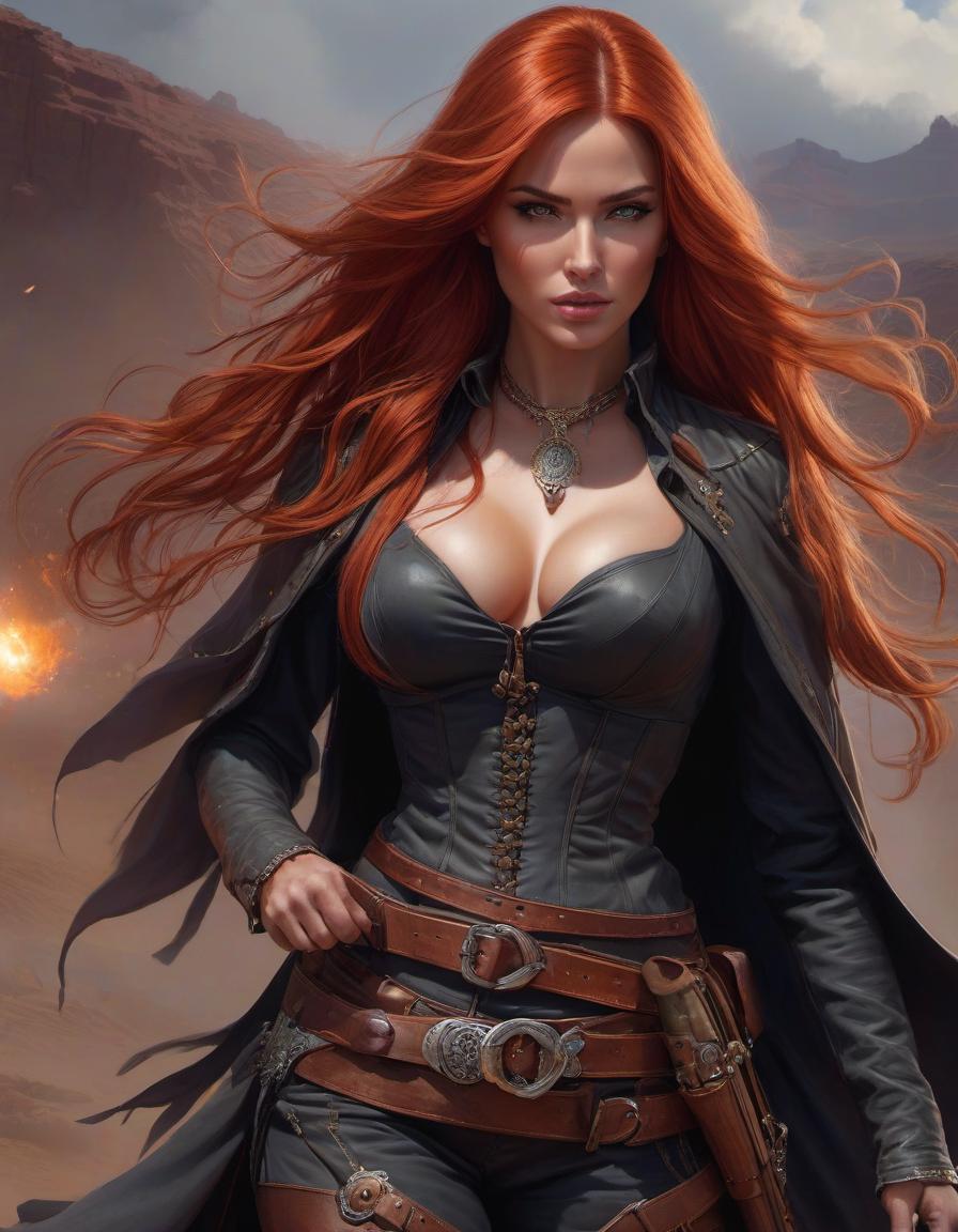  ethereal fantasy concept art of Wild west gunslinger, female, long red hair, beautiful face, wild west outlaw, portrait, clear details, crisp quality, cartoon style, art by artgerm, art by wlop . magnificent, celestial, ethereal, painterly, epic, majestic, magical, fantasy art, cover art, dreamy hyperrealistic, full body, detailed clothing, highly detailed, cinematic lighting, stunningly beautiful, intricate, sharp focus, f/1. 8, 85mm, (centered image composition), (professionally color graded), ((bright soft diffused light)), volumetric fog, trending on instagram, trending on tumblr, HDR 4K, 8K