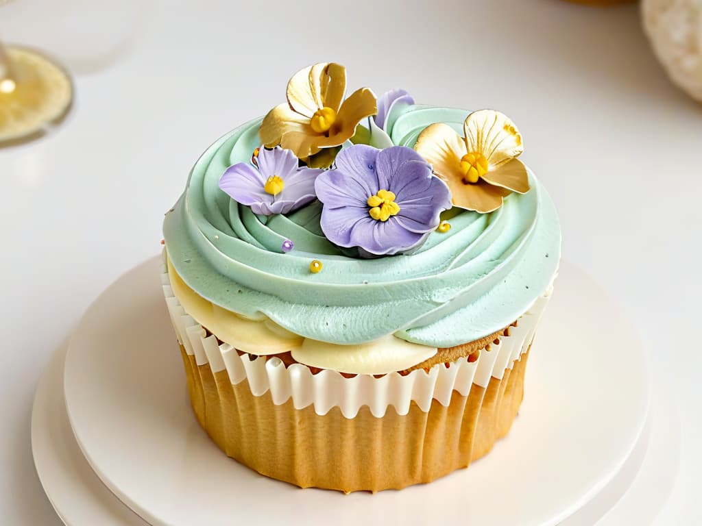  An ultradetailed photograph of a beautifully decorated cupcake, with intricate swirls of pastelcolored frosting, delicate edible flowers, and shimmering gold leaf accents, all set against a clean, white background. The lighting is soft and highlights every tiny detail, showcasing the craftsmanship and artistry that goes into creating these sweet treats. This image exudes elegance and sophistication, perfect for capturing the beauty of the contestants' confectionary creations in a minimalistic and professional way. hyperrealistic, full body, detailed clothing, highly detailed, cinematic lighting, stunningly beautiful, intricate, sharp focus, f/1. 8, 85mm, (centered image composition), (professionally color graded), ((bright soft diffused light)), volumetric fog, trending on instagram, trending on tumblr, HDR 4K, 8K