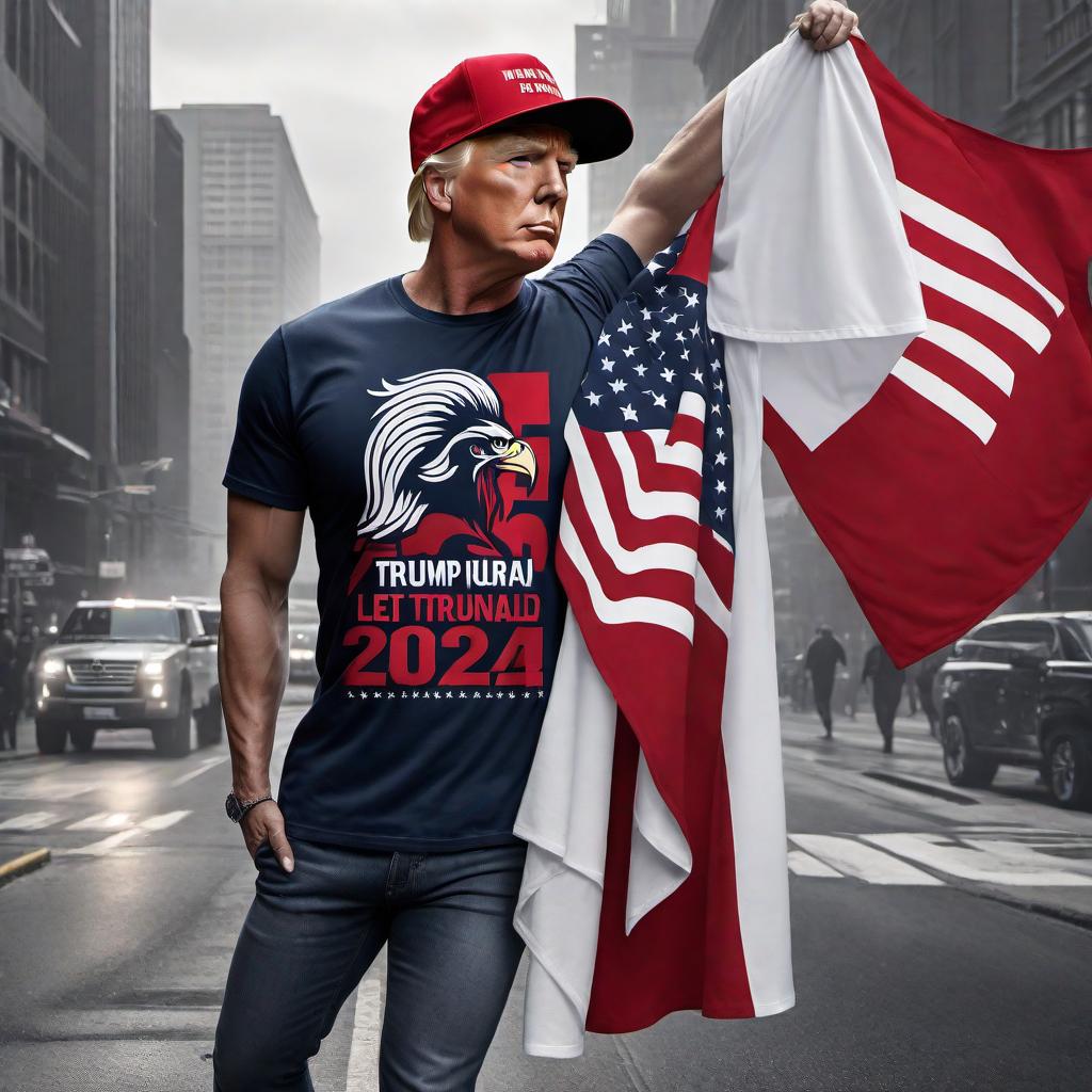  Design an assortment of T-shirts with the following slogans for Donald Trump's potential 2024 presidential campaign: 1. "Trump 2024: Let's Make America Great Again... Again!" with an American flag in the background. 2. "Keep America Great: Trump 2024" with a bold eagle. 3. "Bring Back Trump: For A Stronger America" with a fist symbolizing strength. 4. "Trump Comeback: 2024 Victory" with a stylized V for victory. 5. "America First: Trump 2024" with the outline of the United States map. Each T-shirt should also incorporate patriotic colors such as red, white, and blue. They should have a clean and modern design aesthetic that would appeal to supporters. hyperrealistic, full body, detailed clothing, highly detailed, cinematic lighting, stunningly beautiful, intricate, sharp focus, f/1. 8, 85mm, (centered image composition), (professionally color graded), ((bright soft diffused light)), volumetric fog, trending on instagram, trending on tumblr, HDR 4K, 8K