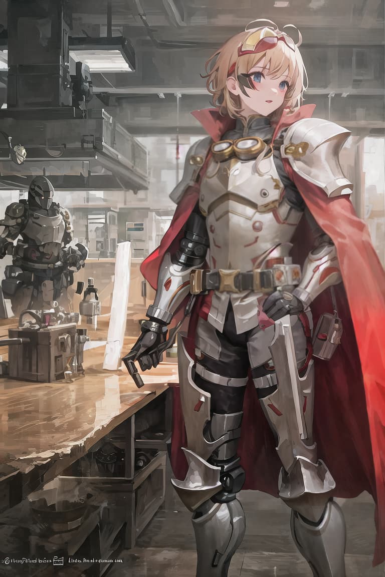  master piece , best quality,Hero, cream hair, male, futuristic goggles, mechanical armor, red cape