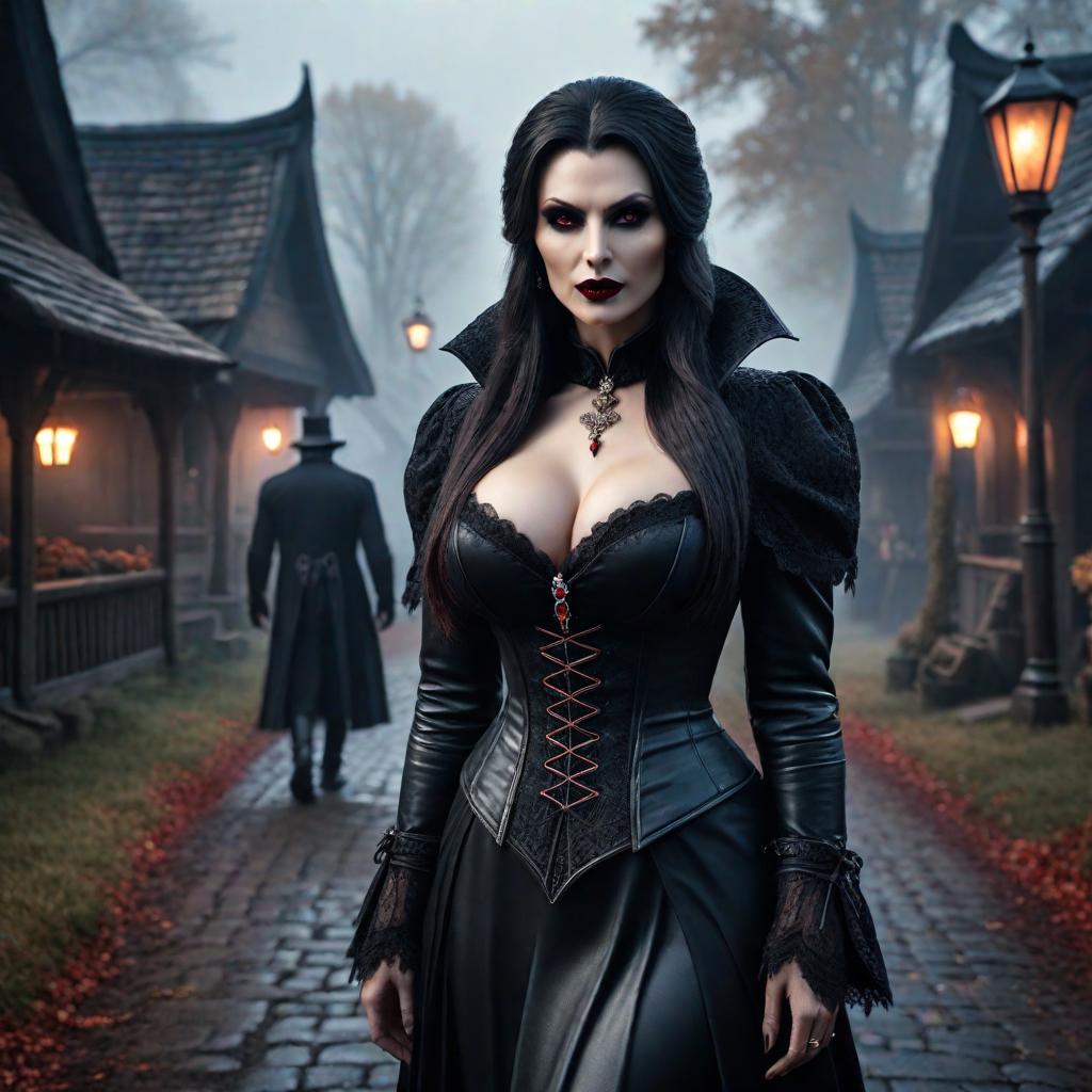  vampire village hyperrealistic, full body, detailed clothing, highly detailed, cinematic lighting, stunningly beautiful, intricate, sharp focus, f/1. 8, 85mm, (centered image composition), (professionally color graded), ((bright soft diffused light)), volumetric fog, trending on instagram, trending on tumblr, HDR 4K, 8K