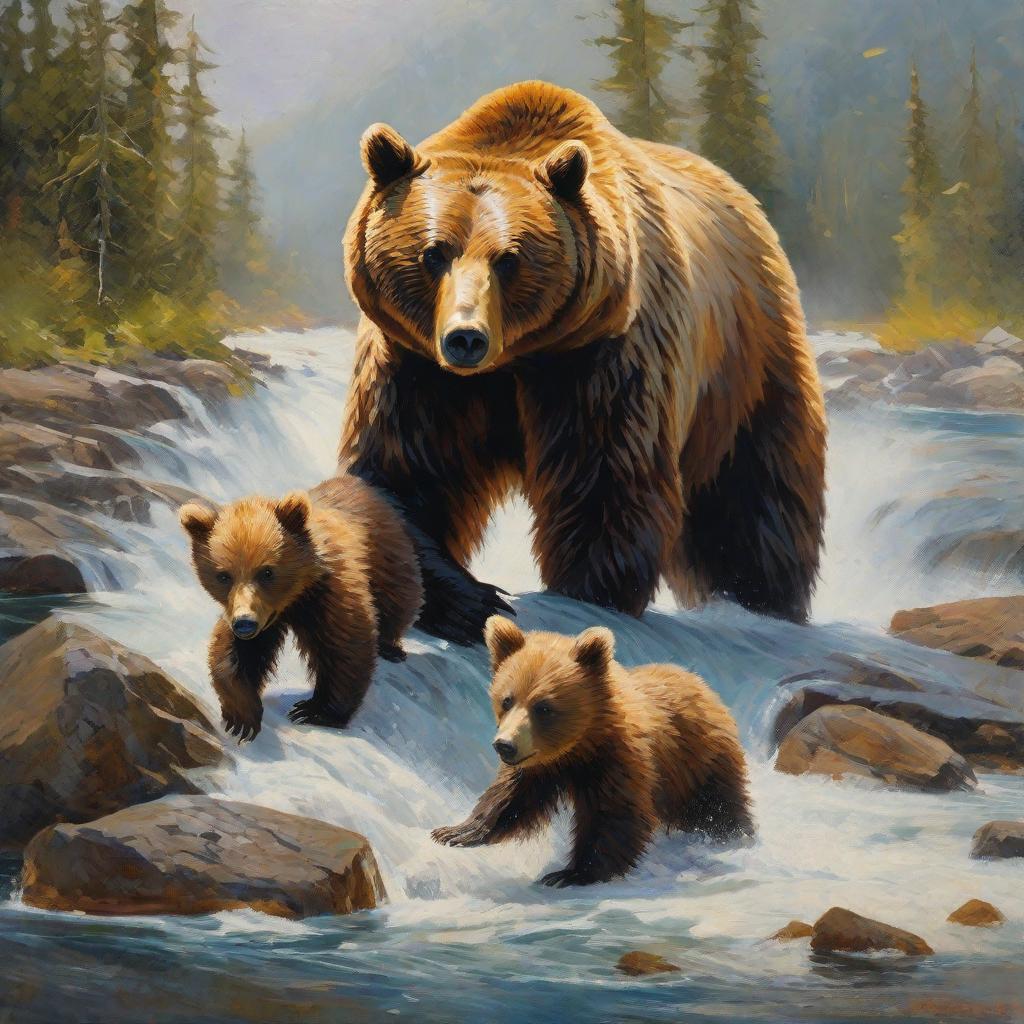  masterpiece, best quality, A mother bear with two adventurous bear cubs