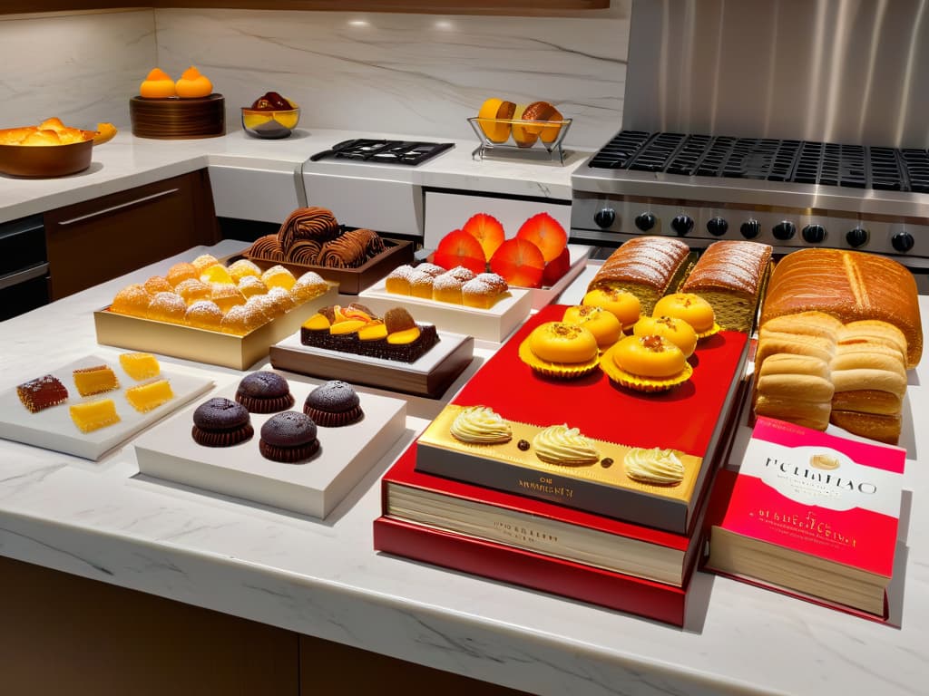  A detailed photorealistic image of an elegant kitchen countertop filled with an array of bestselling pastry books from 2023. The books are meticulously arranged, showcasing colorful and appetizing dessert recipes on their covers. The backdrop features a modern kitchen with marble countertops, sleek appliances, and a warm, inviting ambiance that enhances the sophisticated and professional tone of the article. hyperrealistic, full body, detailed clothing, highly detailed, cinematic lighting, stunningly beautiful, intricate, sharp focus, f/1. 8, 85mm, (centered image composition), (professionally color graded), ((bright soft diffused light)), volumetric fog, trending on instagram, trending on tumblr, HDR 4K, 8K