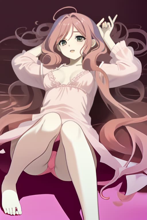   with long curly pink hair laying down on her back with her legs open