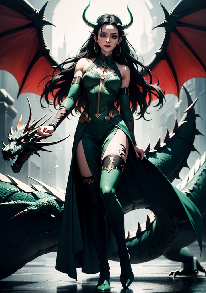  ((full body front shot Gothic Loki ,green costume ,, woman with pale skin and long black hair intricate, dragon tattoos and black bloody tears black splatters)),(), beautiful, high quality,masterpiece,extremely detailed,high res,4k,ultra high res,detailed shadow,ultra realistic,dramatic lighting,bright light