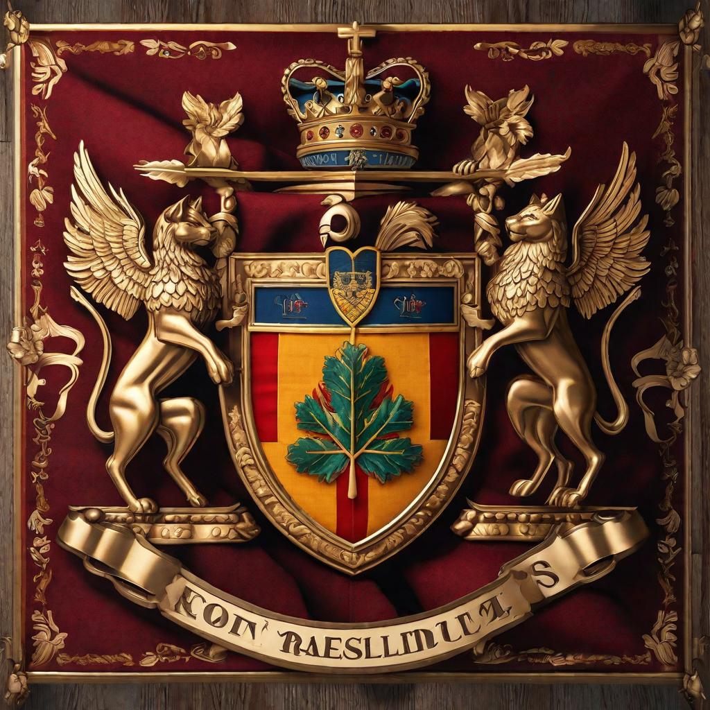  a family crest tapestry hyperrealistic, full body, detailed clothing, highly detailed, cinematic lighting, stunningly beautiful, intricate, sharp focus, f/1. 8, 85mm, (centered image composition), (professionally color graded), ((bright soft diffused light)), volumetric fog, trending on instagram, trending on tumblr, HDR 4K, 8K