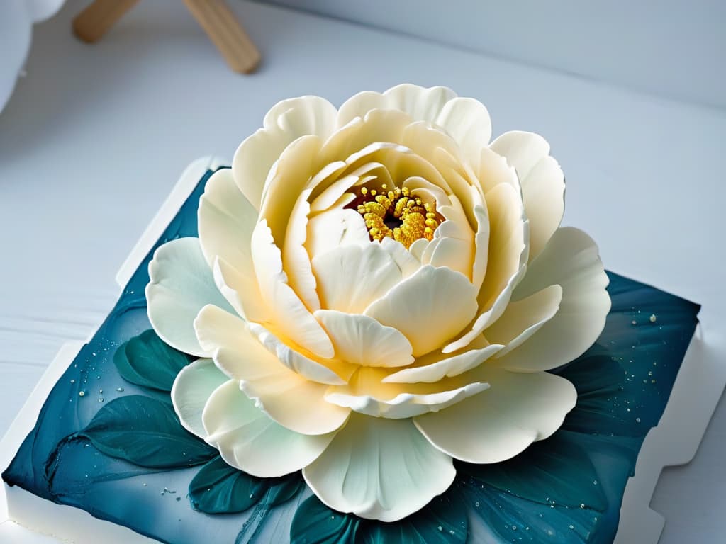  An ultradetailed closeup image of a delicate, intricately designed fondant cake topper in the shape of a blooming peony flower. The image showcases the fine details of the petals, the gradient colors blending seamlessly, and the shimmering edible gold dust accents, all set against a soft, blurred background to emphasize the artistry and craftsmanship involved in creating such a piece. hyperrealistic, full body, detailed clothing, highly detailed, cinematic lighting, stunningly beautiful, intricate, sharp focus, f/1. 8, 85mm, (centered image composition), (professionally color graded), ((bright soft diffused light)), volumetric fog, trending on instagram, trending on tumblr, HDR 4K, 8K