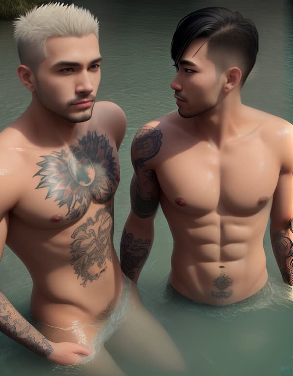  tattooed  brothers are taking a bath in river，gay，Asian，Asiatic，Asian，Asian， portrait, happy colors, bright eyes, clear eyes, warm smile, smooth soft skin，symmetrical, anime wide eyes，big bulge， huge pectorales, naked whole body hyperrealistic, full body, detailed clothing, highly detailed, cinematic lighting, stunningly beautiful, intricate, sharp focus, f/1. 8, 85mm, (centered image composition), (professionally color graded), ((bright soft diffused light)), volumetric fog, trending on instagram, trending on tumblr, HDR 4K, 8K