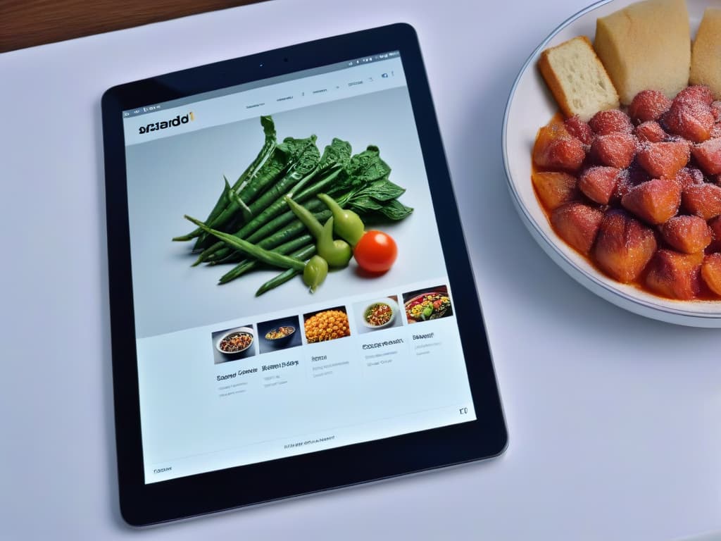  An ultradetailed closeup image of a sleek, modern digital tablet displaying a beautifully designed digital recipe book cover, featuring vibrant colors and appetizing food photography. The screen shows a creative layout with elegant typography, enticing the viewer to explore the digital recipe collection further. The tablet is placed on a clean, minimalist surface, emphasizing the sophistication and creativity of the digital recipe book design. hyperrealistic, full body, detailed clothing, highly detailed, cinematic lighting, stunningly beautiful, intricate, sharp focus, f/1. 8, 85mm, (centered image composition), (professionally color graded), ((bright soft diffused light)), volumetric fog, trending on instagram, trending on tumblr, HDR 4K, 8K