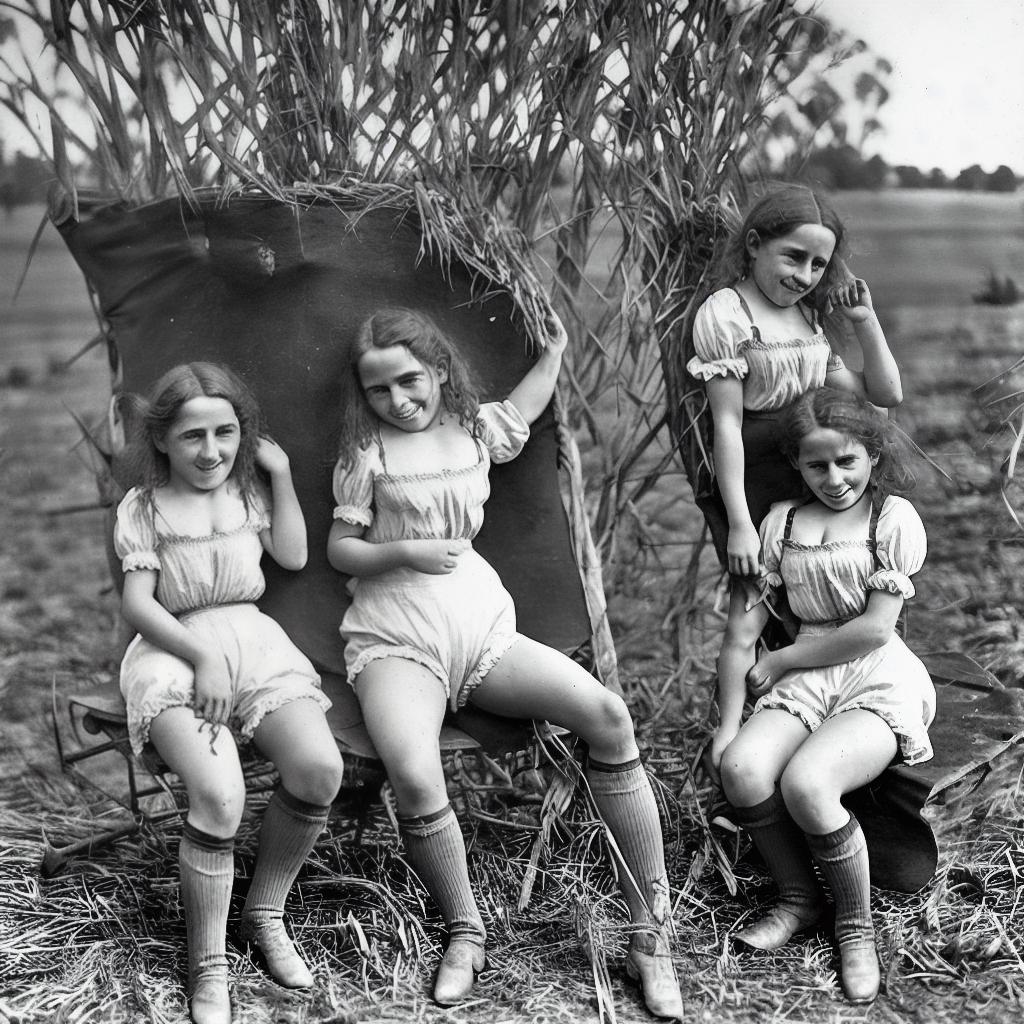  niña de 10 años sonriendo y en calzones con su amiga en el campo haciendo sus travesuras,mostrando sus traseros de Australia del año 1890s