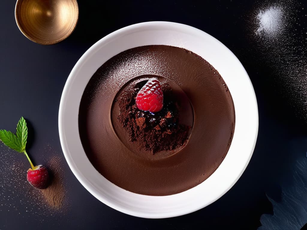  A closeup, ultradetailed image of a decadent chocolate mousse with a perfectly smooth and glossy surface, topped with a delicate dusting of cocoa powder and a single fresh raspberry in the center. The mousse is elegantly presented in a sleek, minimalist white ceramic bowl, set against a dark background to make the rich chocolate color pop. The lighting captures every intricate detail, from the tiny air bubbles to the subtle sheen on the surface, creating a truly luxurious and indulgent visual experience for the viewer. hyperrealistic, full body, detailed clothing, highly detailed, cinematic lighting, stunningly beautiful, intricate, sharp focus, f/1. 8, 85mm, (centered image composition), (professionally color graded), ((bright soft diffused light)), volumetric fog, trending on instagram, trending on tumblr, HDR 4K, 8K