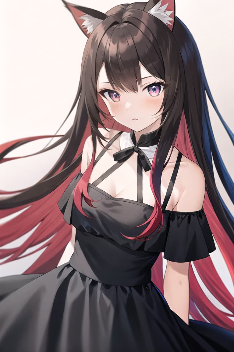  master piece , best quality,Hair gradient, odd eyes, frontal cat ears, red, black and white dress.