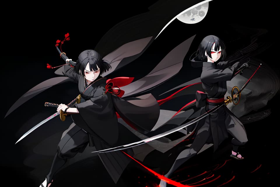  One, one , black kimono, black hair, black eyes, Japanese swords, long swords, hips, hold a sword, night, moon, serious expression, cooling face , Glowing eyes, small s, slender, imminent, running, cutting, riding, sprinting, stepping in, dust, wind, slashing