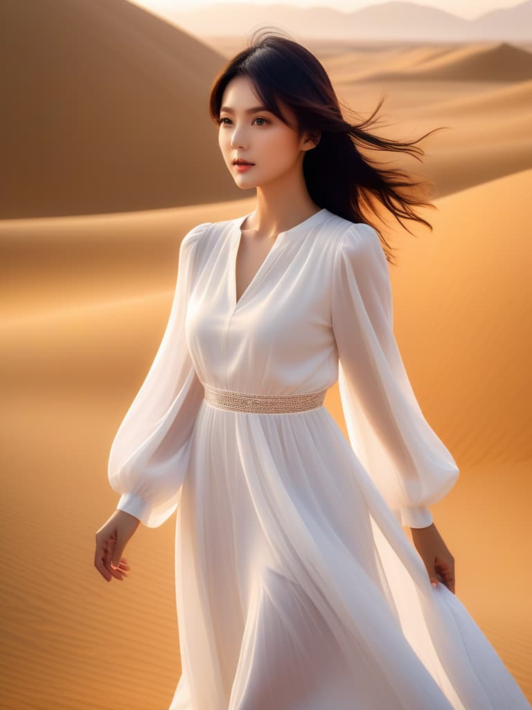  Half body portrait,Beautiful white Asian girl in Solid White Color Casual hollow Long Puff Sleeve Vintage Long Dress,relax and happy standing in Desert,black hair, look at to camera, cinematic lighting, stunningly beautiful, intricate, sharp focus, f/1. 8, 85mm, (professionally color graded), ((bright soft diffused light)), volumetric fog, trending on instagram, trending on tumblr, HDR 4K, 8K hyperrealistic, full body, detailed clothing, highly detailed, cinematic lighting, stunningly beautiful, intricate, sharp focus, f/1. 8, 85mm, (centered image composition), (professionally color graded), ((bright soft diffused light)), volumetric fog, trending on instagram, trending on tumblr, HDR 4K, 8K