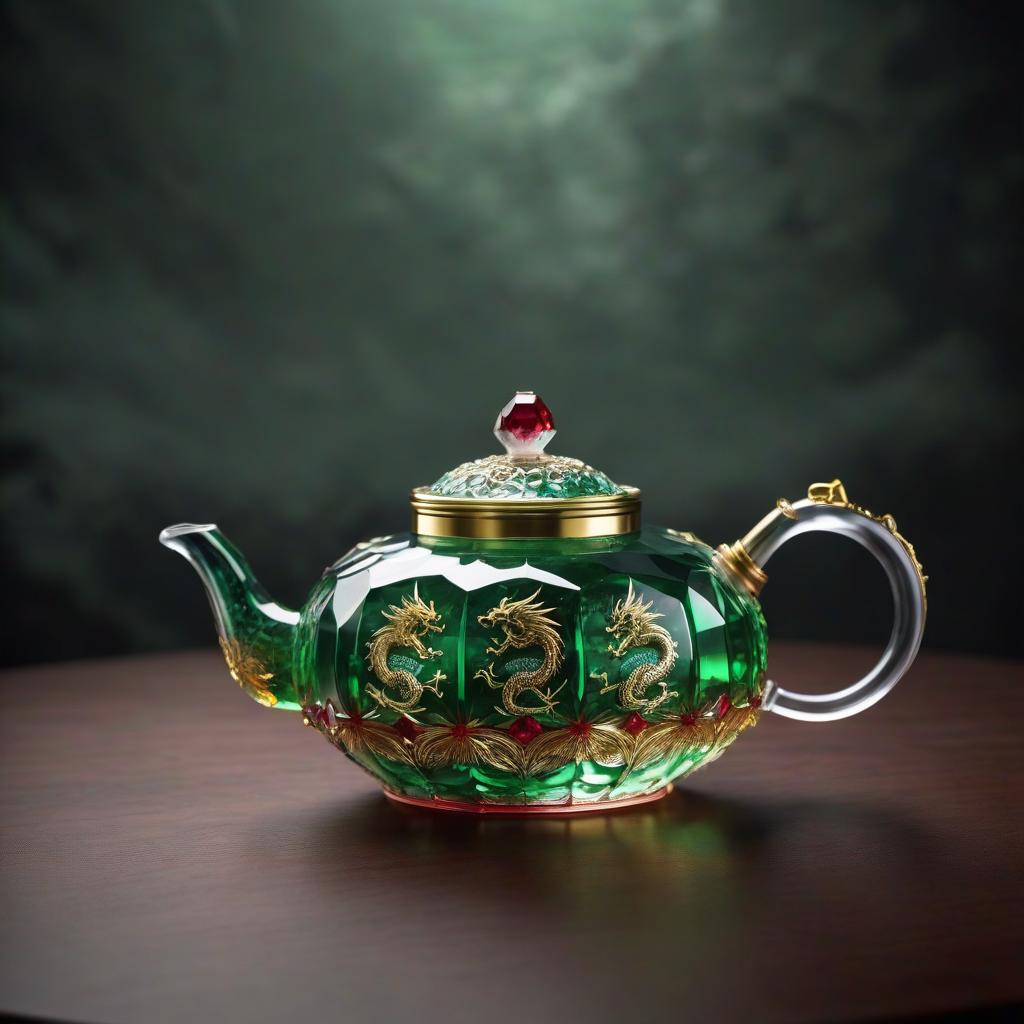  hyperrealistic art Crystal flattened Chinese teapot with 15 facets with golden dragon patterns,rubies,emeralds with green liquid inside,minimalism,steampunk,3d . extremely high resolution details, photographic, realism pushed to extreme, fine texture, incredibly lifelike hyperrealistic, full body, detailed clothing, highly detailed, cinematic lighting, stunningly beautiful, intricate, sharp focus, f/1. 8, 85mm, (centered image composition), (professionally color graded), ((bright soft diffused light)), volumetric fog, trending on instagram, trending on tumblr, HDR 4K, 8K