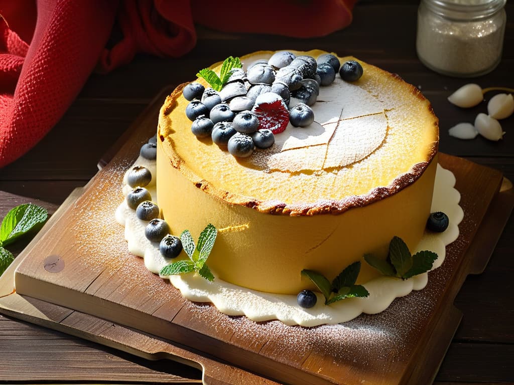  A closeup, photorealistic image of a freshly baked golden vegan chickpea flour sponge cake, adorned with a delicate dusting of powdered sugar and garnished with vibrant, fresh berries and mint leaves. The cake sits on a rustic wooden table, with soft natural light streaming in, highlighting the texture and golden hues of the cake, creating an inviting and appetizing scene for the readers. hyperrealistic, full body, detailed clothing, highly detailed, cinematic lighting, stunningly beautiful, intricate, sharp focus, f/1. 8, 85mm, (centered image composition), (professionally color graded), ((bright soft diffused light)), volumetric fog, trending on instagram, trending on tumblr, HDR 4K, 8K