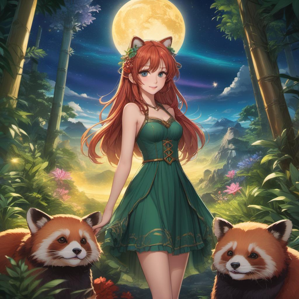  anime artwork Girl with red hair, girl in green dress, red panda nearby, bamboo forest at night, full moon in background, anime . anime style, key visual, vibrant, studio anime,  highly detailed
